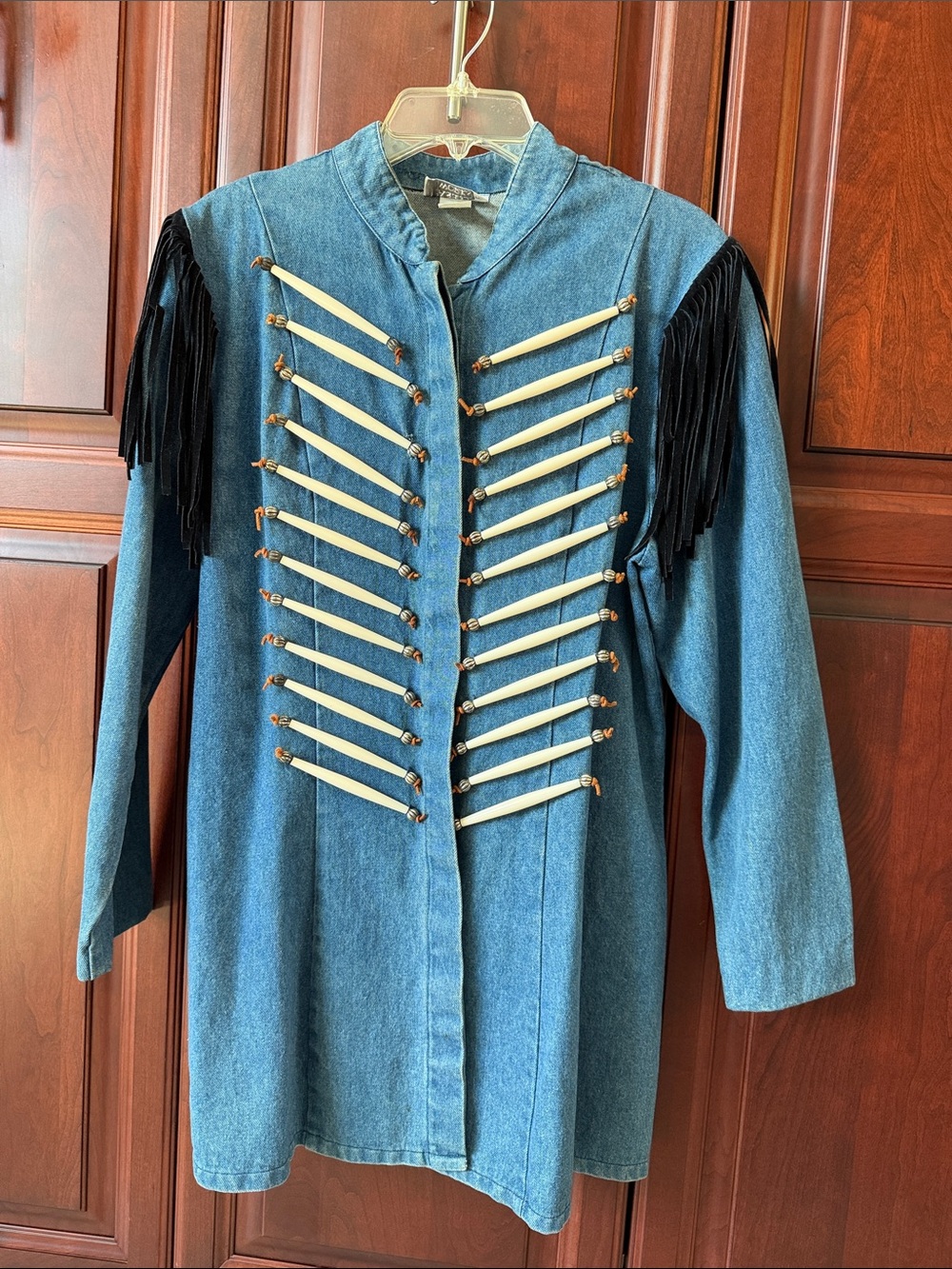 Blue Denim Jacket Double D Ranch Detailing and Black Fringe
